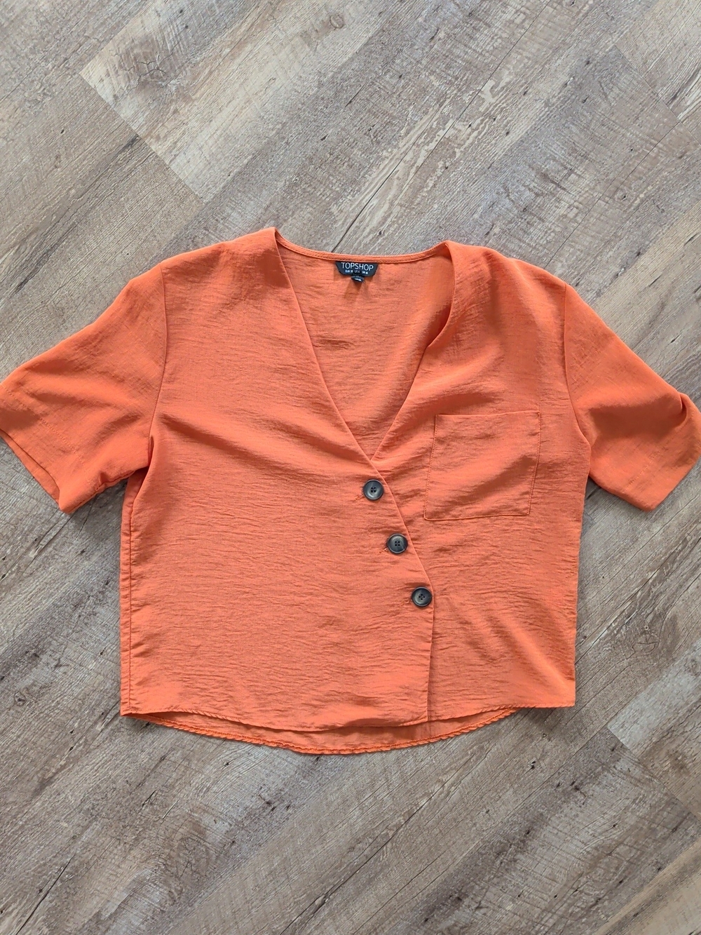 Topshop Orange Short-Sleeve Asymmetric Button V-Neck Top